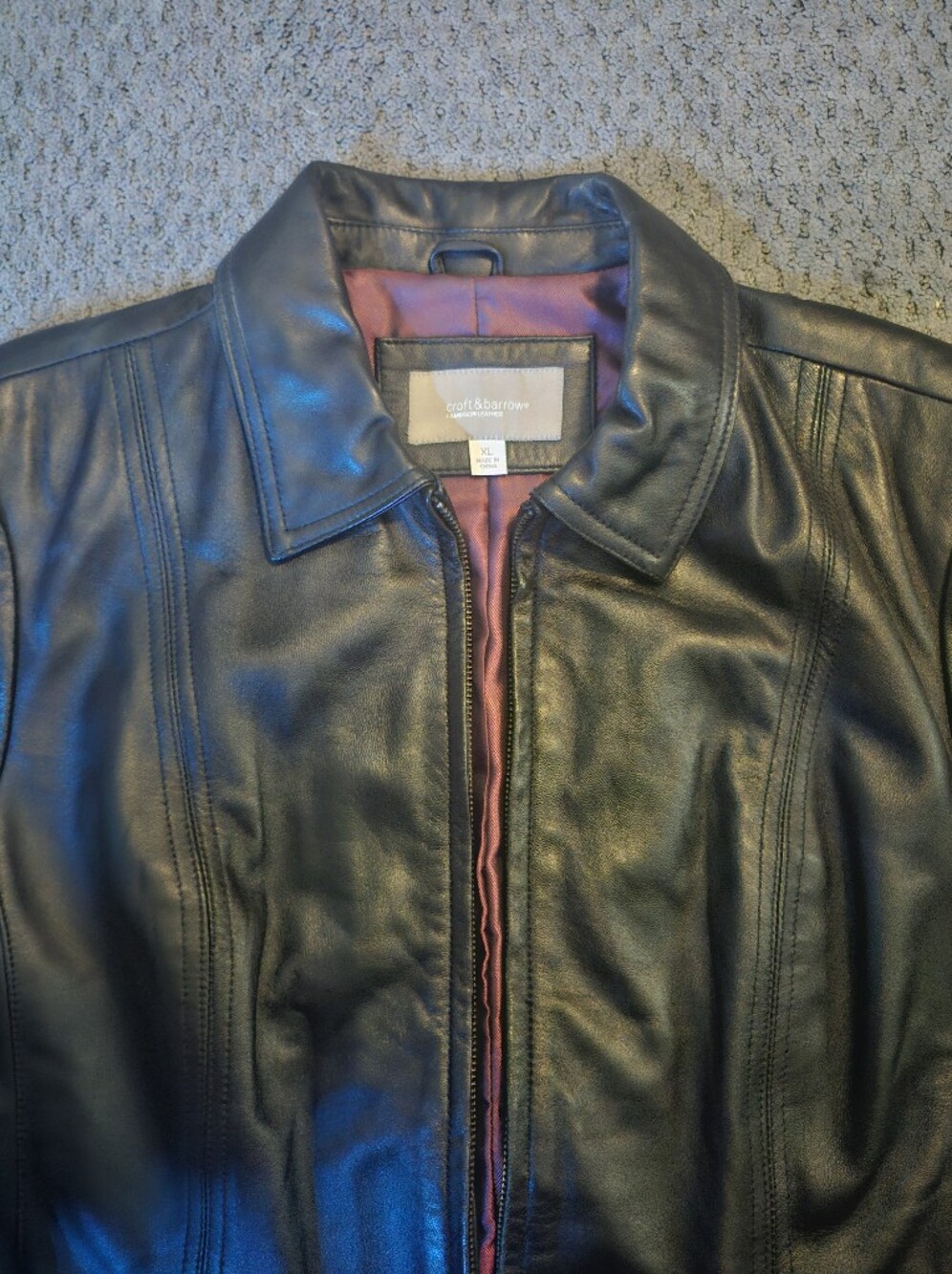 croft & barrow Black Leather Bomber Jacket with Burgundy Lining